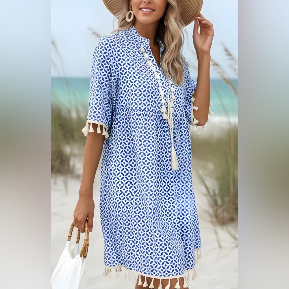 Caribbean Ready Bohemian Tassel Trim Notched Neckline Midi Summer Dress